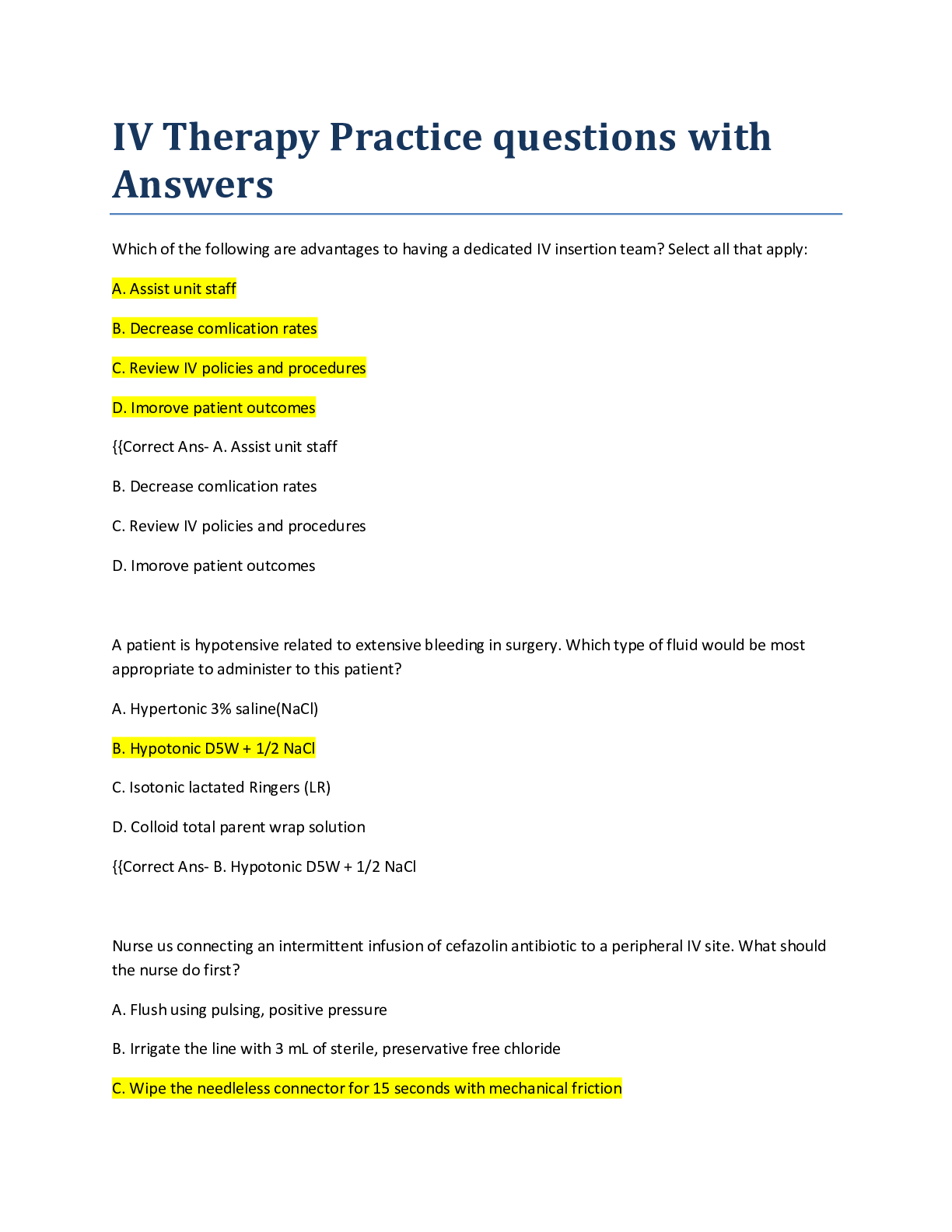 Preview image of IV Therapy Practice questions with Answers document